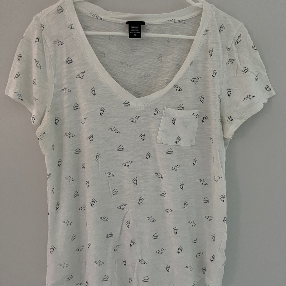 White Shark-Print V-Neck T-Shirt